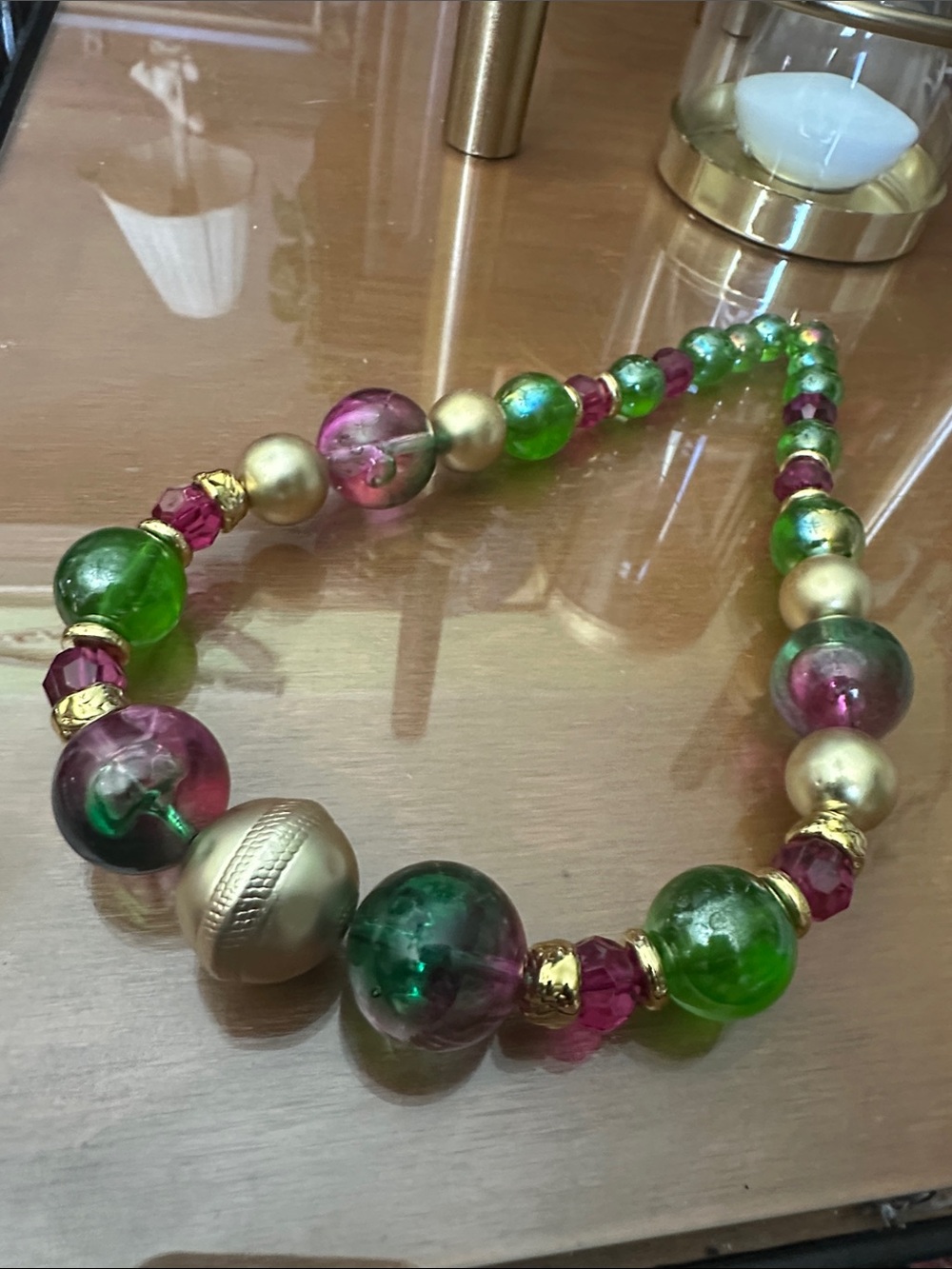 Gold Accent Green & Pink Beaded Necklace